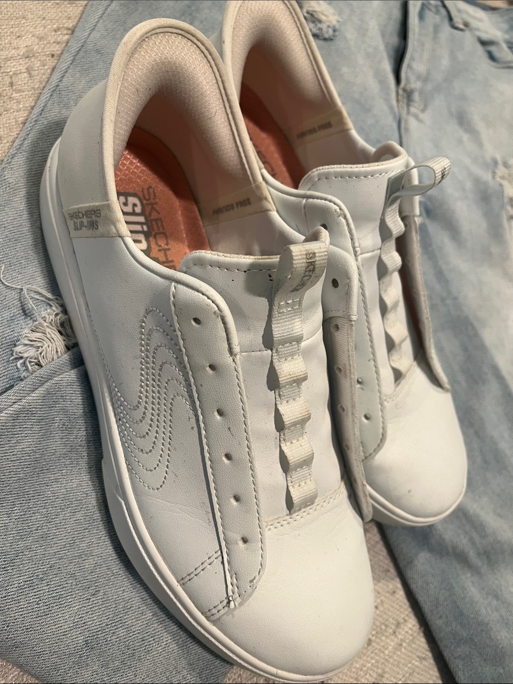 Skechers White Slip-On Fashion Sneakers with Subtle Stitching